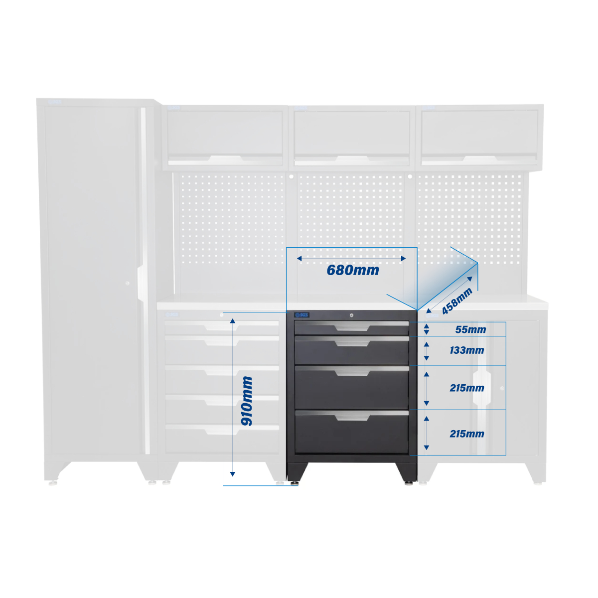 SGS 10pc Modular Garage Storage | 9 Drawers | Stainless Steel Worktop | Tall Single Cabinet | Floor Cabinet | 3x Upper Cabinets